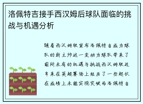 洛佩特吉接手西汉姆后球队面临的挑战与机遇分析 洛佩特吉接手西汉姆后球队面临的挑战与机遇分析