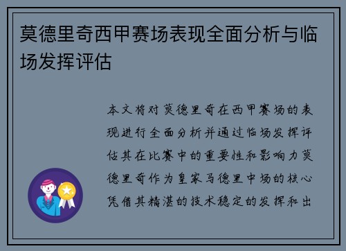 莫德里奇西甲赛场表现全面分析与临场发挥评估